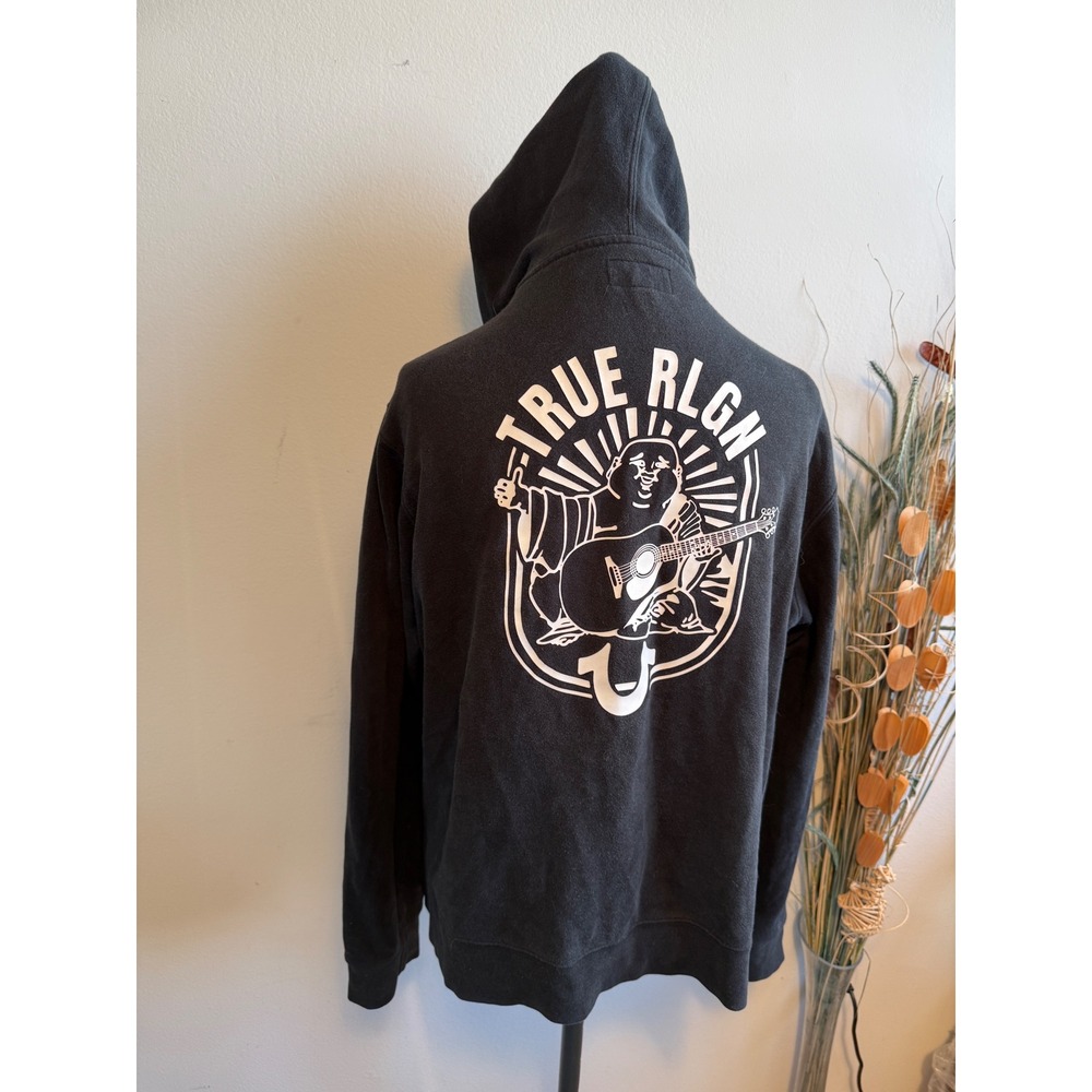 True‎ Religion Mens 2XL Black Buddha Guitar Graphic Full Zip Hoodie Sweatshirt
